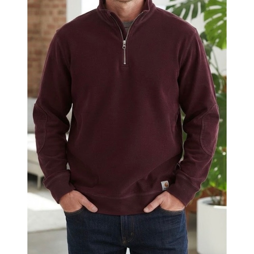 Carhartt Quarter Zip Pullover Burgundy Ribbed Elbow Patch Mens XL
